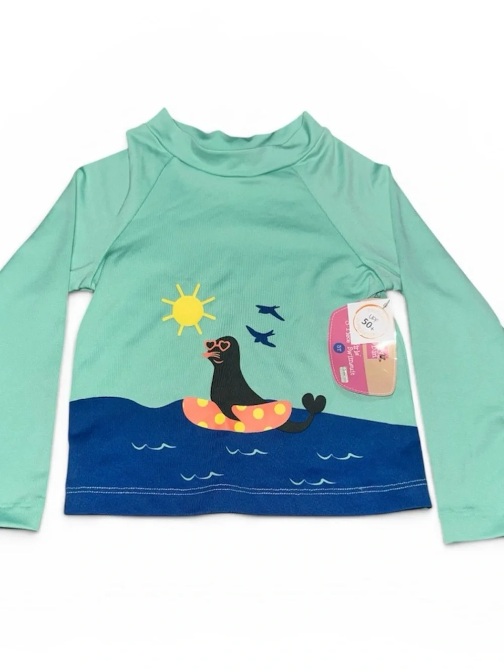 Mint Green Kids Long-Sleeve Rash Guard with Seal Float Graphic